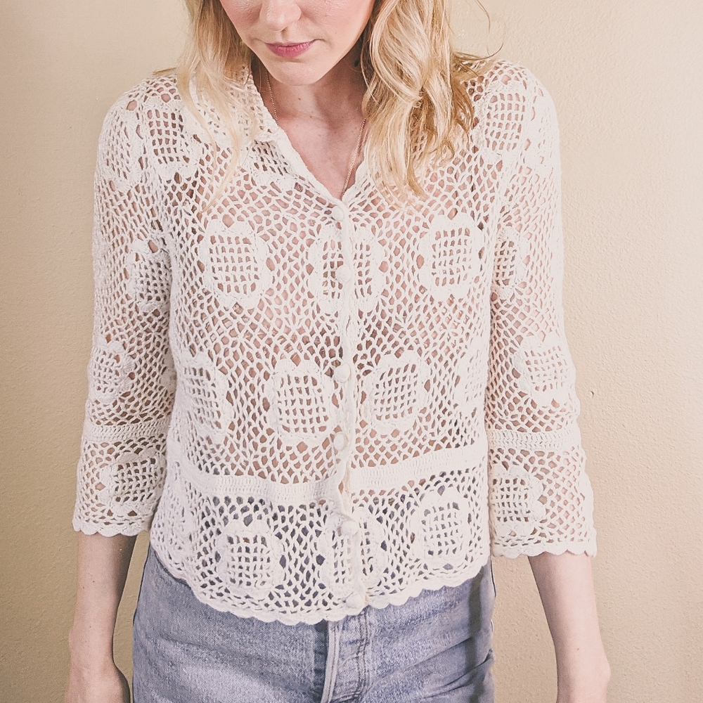80s Vintage Crochet Collared Button Down Sweater